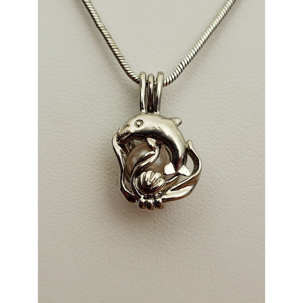 925‎ Sterling Silver Dolphin Caged Pearl Bead Pendant Charm Rope Chain Necklace